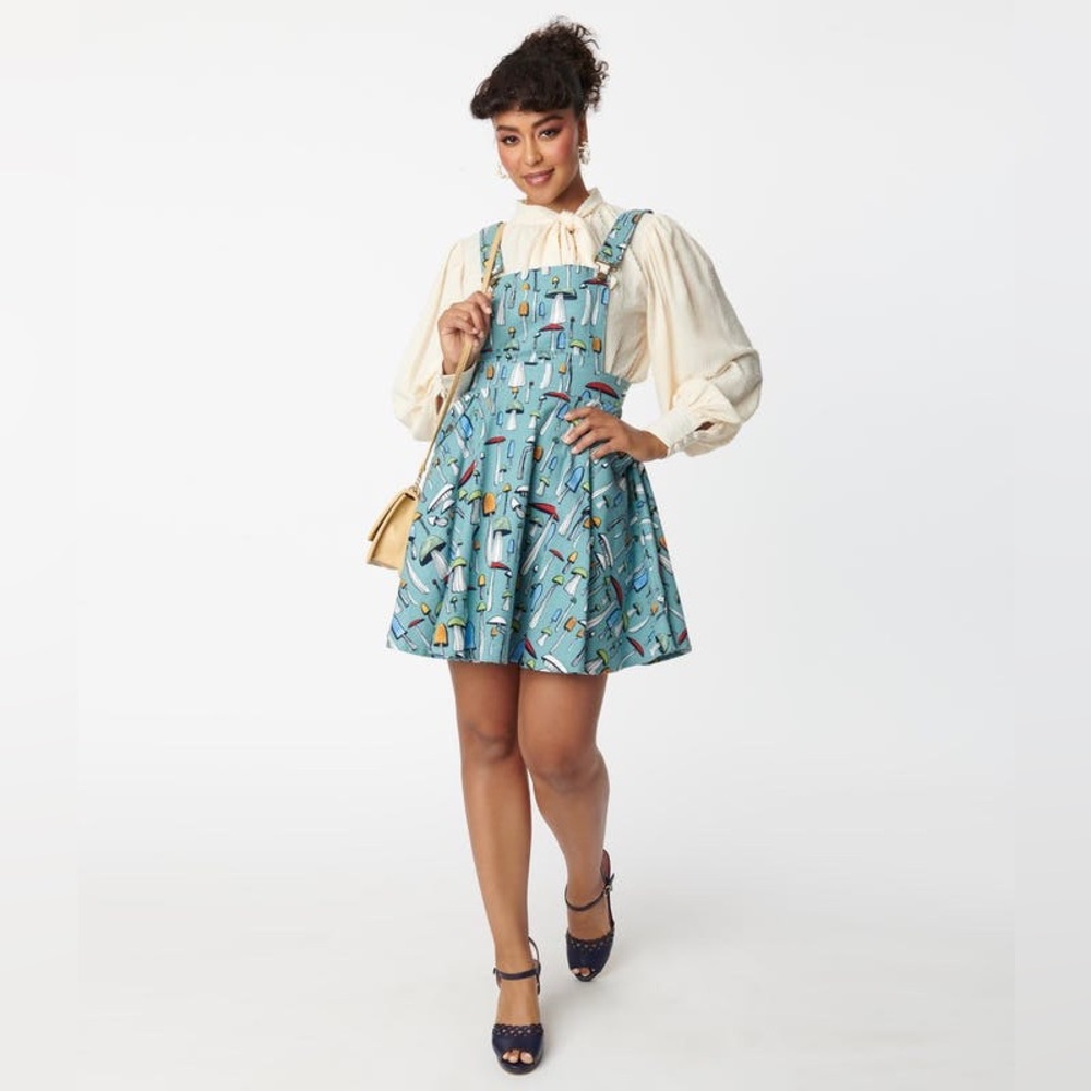 NWT Unique Vintage Sage Green & Mushroom Print Brionne Pinafore Skirt 1X / 16